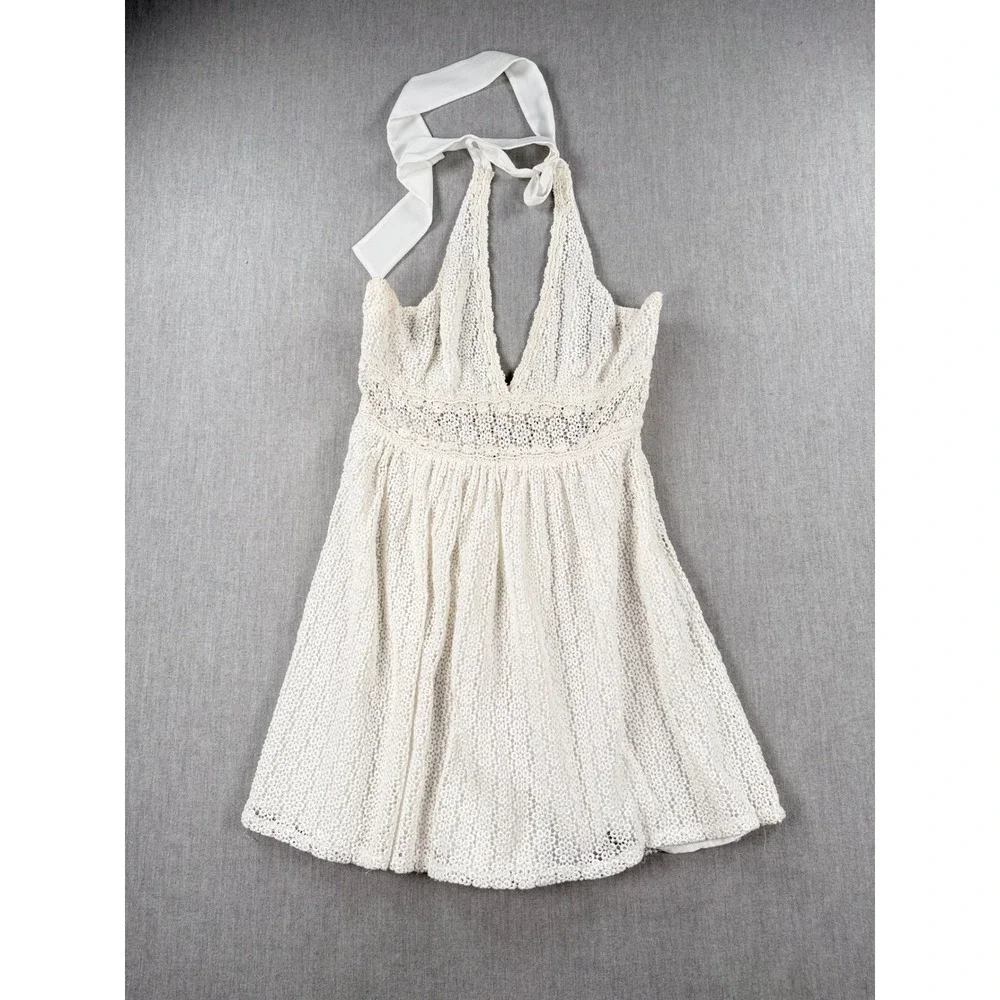 Free‎ People Ivory Lace Halter Mini Dress Boho Crochet Floral 12